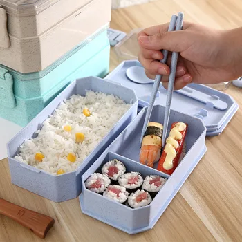 

2 Layer Lunch Box Healthy Material Wheat Straw Bento Box Tableware Set Japanese-style Picnic Box Food Storage Container