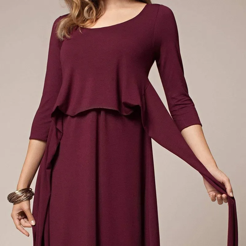 Sunhot стильная женская одежда, гофрированное длинное платье с поясом и круглым вырезом для грудного вскармливания, платья для беременных и кормящих