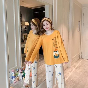 

Autumn Cartoon Little Duck Long Sleeve Women Pajamas Set Large Size Sleep Wear O Neck Tops Pants 2 Piece Suit Female Pyjamas Set