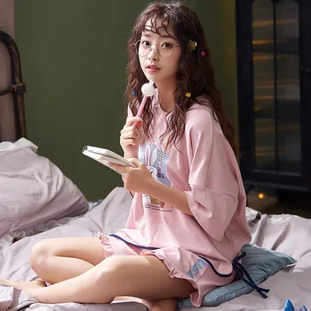 

New Pijamas Cotton Sleepwear Cartoon Pyjama Female Sweet Printing Pajamas Cute Casual Loose Lounge Nightwear Summer Homewear
