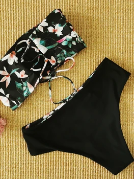 

Bandeau Swimsuit Vintage Floral Print Drawstring Lace Up High Waist Bikini 2 Piece Set Women Plus Size Swimwear Bathing Suit
