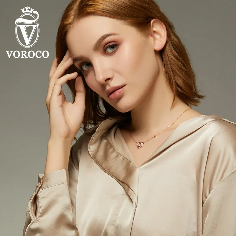 VOROCO BNN151, настоящее 925 пробы, Серебряная роза, Золотая подвеска, ожерелье, китайская цепочка Ruyi, ожерелье, Ретро стиль, сердце, модное ювелирное изделие