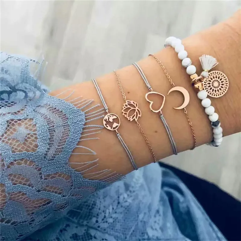 Style 3 Новинка, модный кулон в виде черепахи, 5 шт., браслет для женщин, в виде ракушки, сердце, кристалл, черные браслеты в богемном стиле, ручная работа, океан, ювелирное изделие - Окраска металла: Style 3