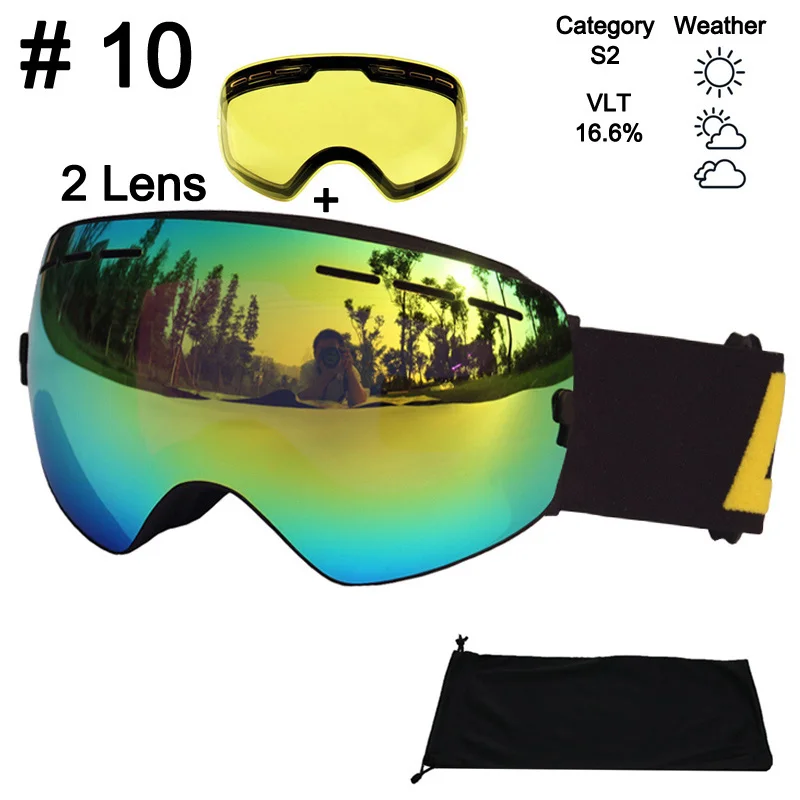 LOCLE 2 линзы лыжные очки противотуманные Spherica лыжные очки UV400 Лыжные Сноуборд очки для мотокросса лыжные очки с осветляющими линзами - Цвет: Color 10 With Lens