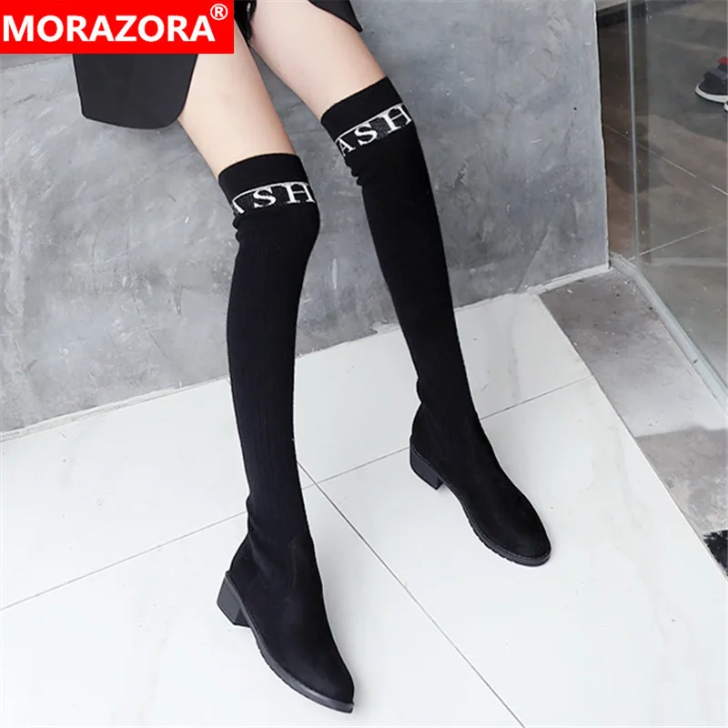 MORAZORA/ г. Большие размеры 33-43, зимние теплые женские ботинки Дамская обувь на низком каблуке с круглым носком ботфорты черного цвета