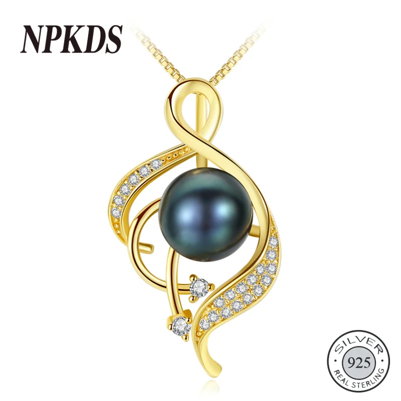 

NPKDS S925 Silver Necklace Gold Colour Pearl Pendant Zircon Inlay Natural Freshwater Pearl Jewelry Link Women Lady Gift Party