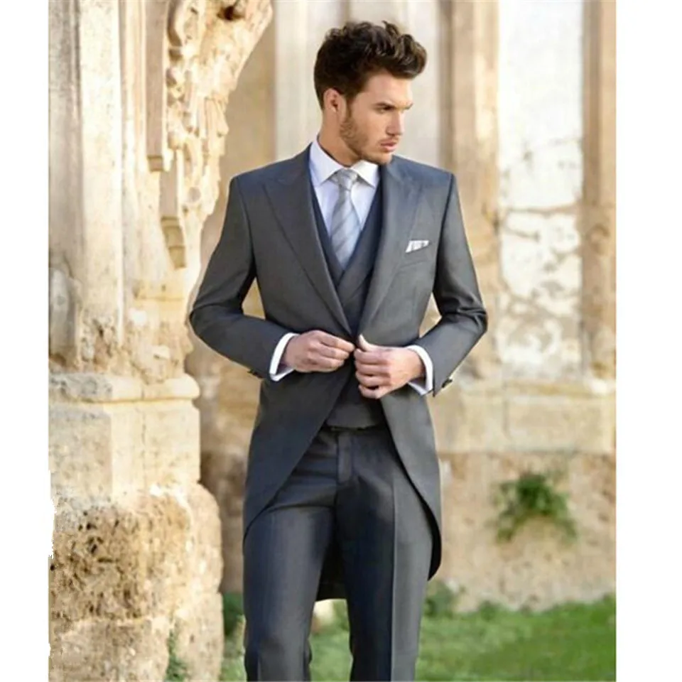 New Rushed Grey Wedding Suits For Mens 3 Pieces Slim Fit Men Suit Groomsmen For Peaked One Button Tailcoat (jacket+pants+vest)