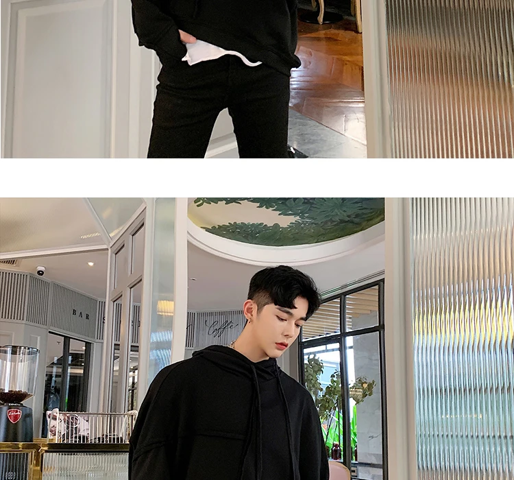 EWQ/ Новая мода весна нерегулярная строчка рубашка с капюшоном воротник пуловеры для мужчин сплошной корейский шнурок Толстовка 9A115