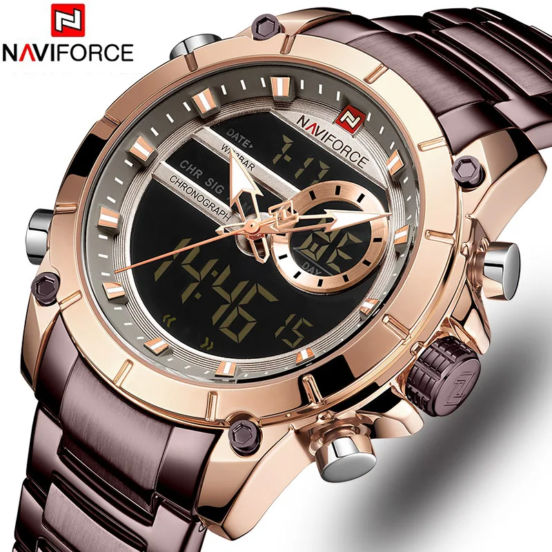 Naviforce Роскошные мужские часы со светящимся циферблатом Цифровые кварцевые Топ