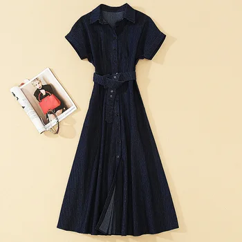 

Runway High Quality 2020 Summer New Women'S Fashion Party Casual Workplace Vintage Chic Slim Lapel Striped Midi Dress