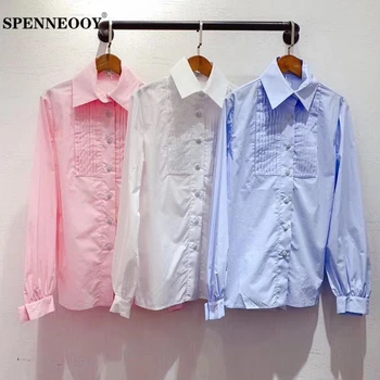 

SPENNEOOY Designer Custom Runway Female Fashion Spring Pink 100%Cotton Shirt Women Long Sleeve Cascading Pleat Commute Blouse