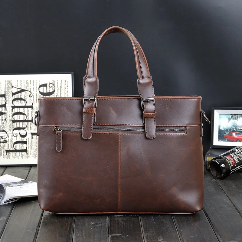 14inch Laptop Briefcase Crossbody Satchel Bag for Men Messenger Bag Men Crazy Horse PU Leather Bag for Men Vintage Casual Bag