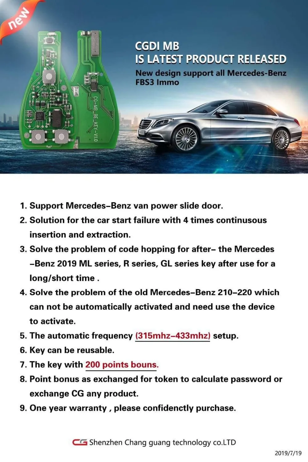 Новое поступление CGDI MB Be Key поддержка всех Mercedes Till FBS3 315 МГц/433 МГц получить 1 бесплатный жетон для CGDI MB