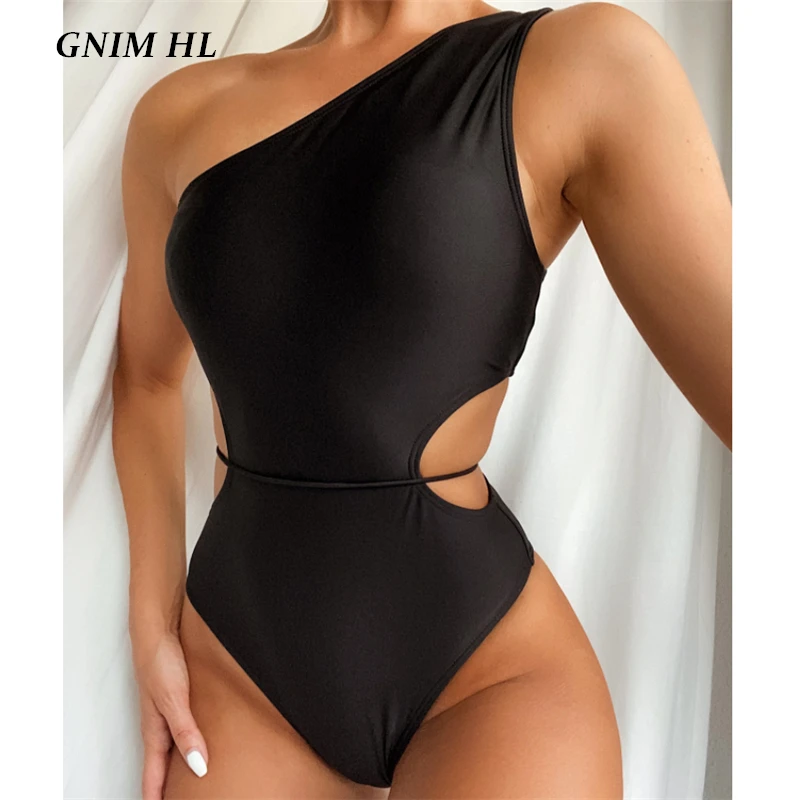 

GNIM One Shoulder Swimsuit Women One Piece Backless Black Swimwear Bodysuit High Cut Sexy Swimming Suit For Women Biquini 2021