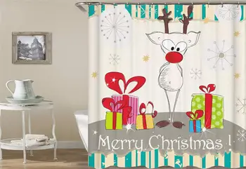 

Home Bathroom Holiday Decorations Cartoon Reindeer and Gift Shower Curtain 3D HD Printing Easy to Clean Waterproof Colorful