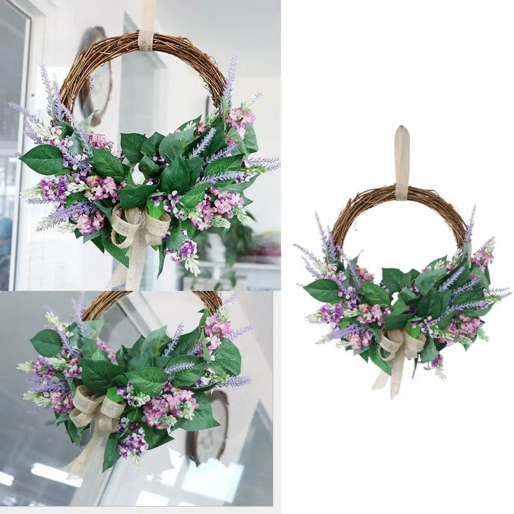 Handmade Lavender Wreath Floral Artificial Simulation Garland Wreath with Rattan Ring and Bow Ribbon