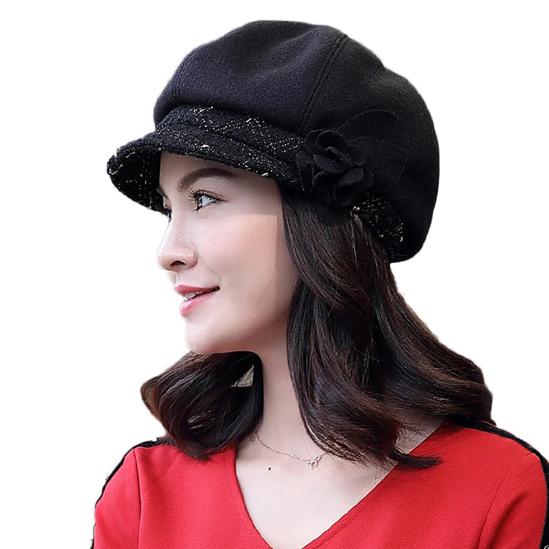 FS Auutmn Winter Octagonal Hat for Women Solid Plain Newsboy Cap Men Ladies Casual Wool Hats Winter Beret Women Painter Caps - Цвет: Black