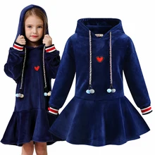 Осенне-зимнее плотное теплое бархатное платье с капюшоном для девочек детские рождественские платья, одежда для девочек от 4 до 14 лет, Vestidos