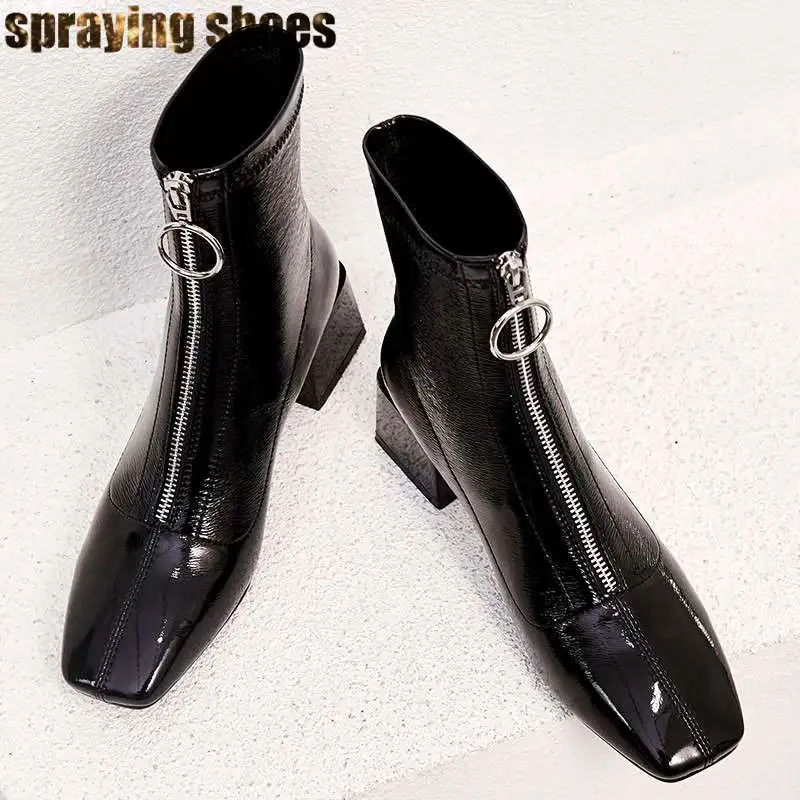 

Genuine Leather Women Ankle Boots Fashion Square Toe Chunky Heel Short Boots Front Zip Big Circle Design Ladies Riding Boots
