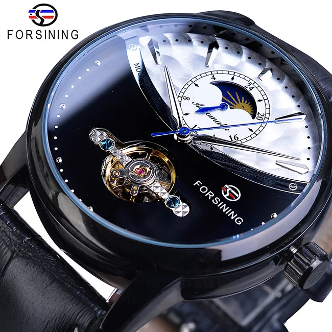 Black Silver FORSINING, модные спортивные классические механические часы, автоматические Tourbillon, мужские часы из натуральной кожи - Цвет: Black Silver