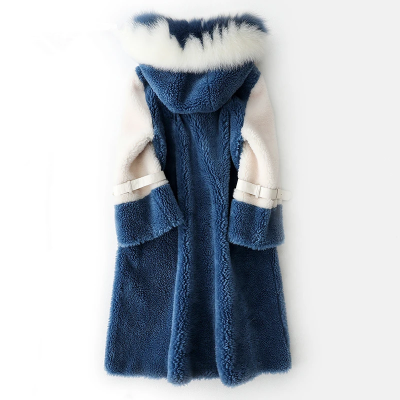

Real Wool Coats With Natural Fox Fur Collar Hooded Sheep Shearing Jacket Long Winter Jackets Women's Fur Coat YS896009