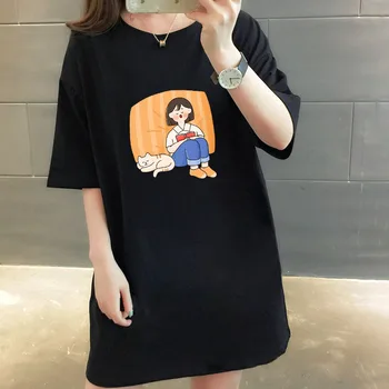 

2020 Summer Dress Fashion Dresses Cute Cartoon Girl And Cat Print Clothes Loose Women Clothing Plus Size Woman Mini Black Dress