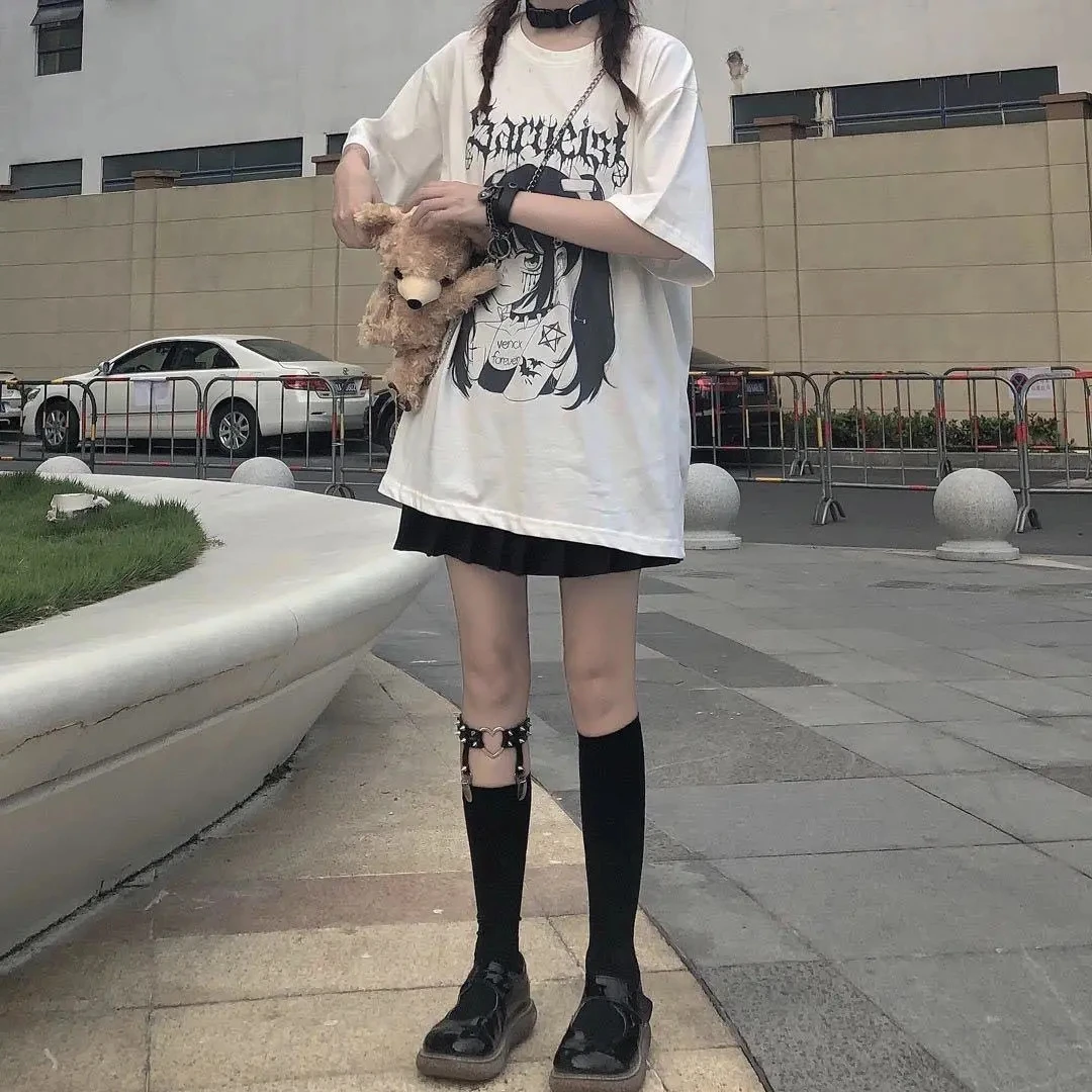 Kawaii Ninja Cat Print Black Summer Korean pop Streetwear Women chic casual Tops Tees Aesthetic Camisas Mujer Harajuku T-Shirt