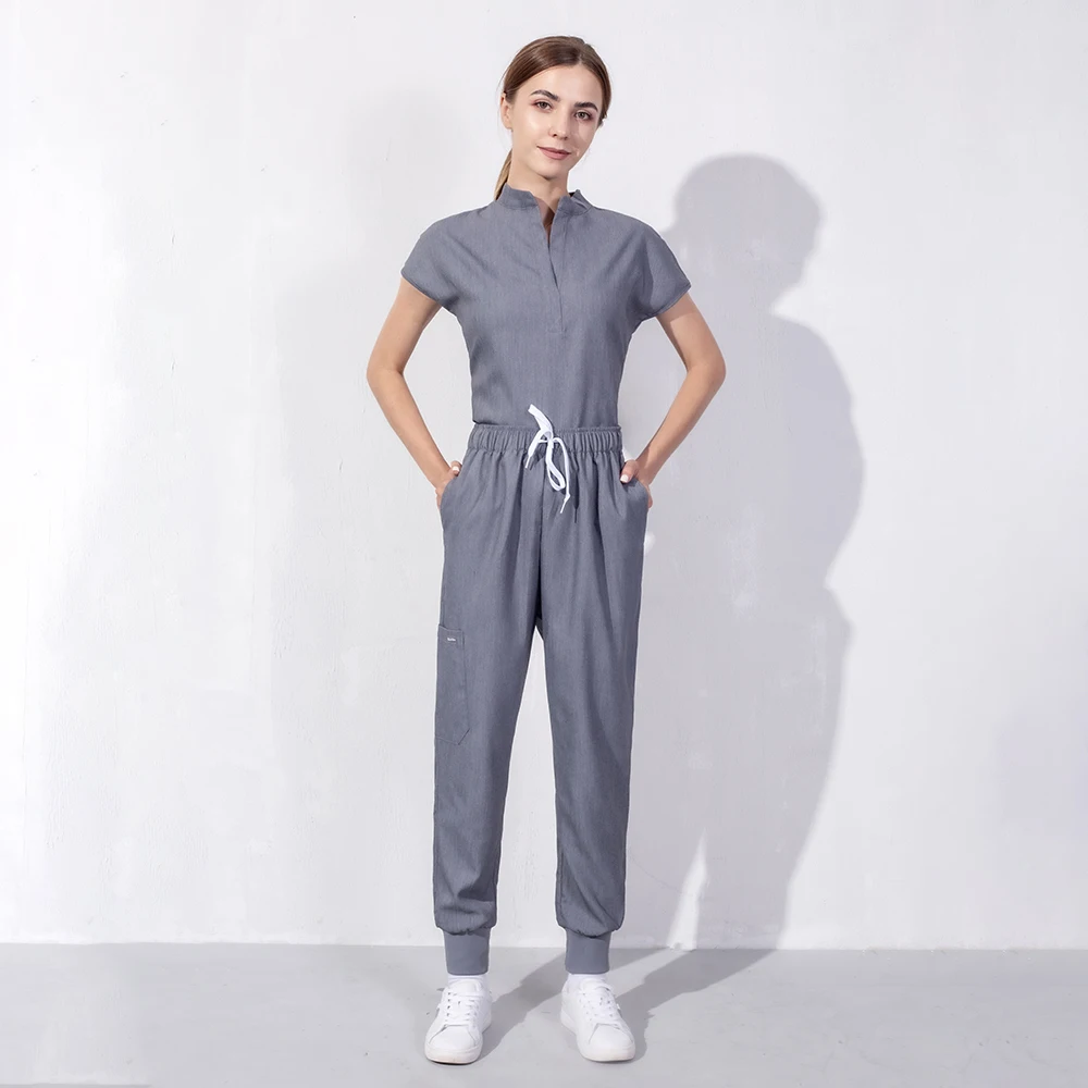 High Quality Denim Gray Scrubs Suits Tooth Check Workwear Spa Uniforms Beautician Scrub Work Suit Scrubs Women Uniform