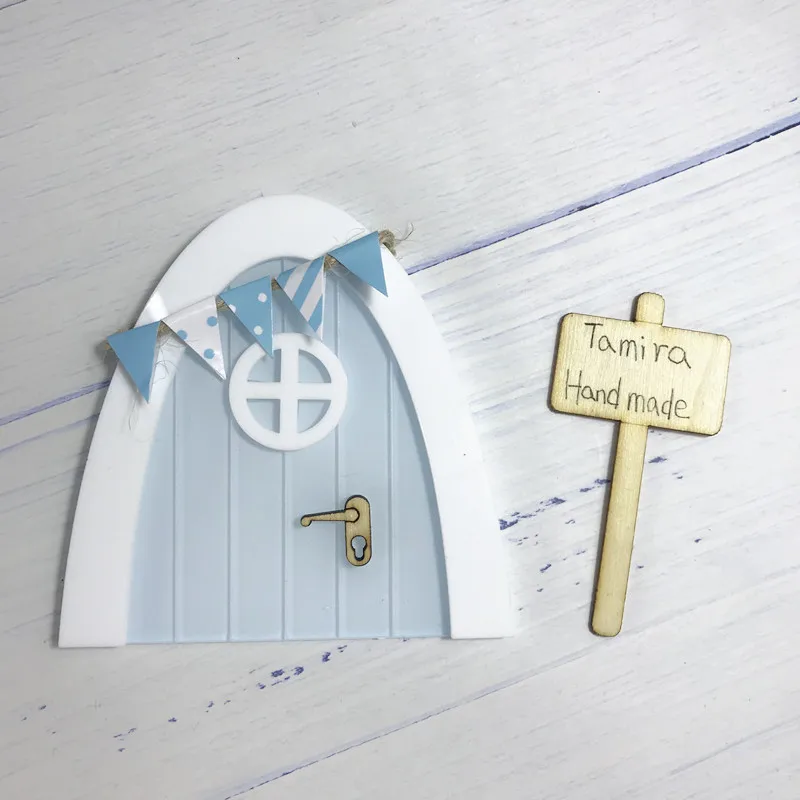 mini baby blue Мини Арка ручной работы милый розовый Фея дверь мышь отверстие, миниатюрные деревянные двери с овсянкой и Персонализированная вывеска - Цвет: mini baby blue