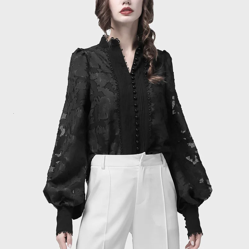  [LIVIVIO] Lace Lantern Long Sleeve Stand Neck Pearl Button White Blouse Women Shirt Female Fashion 