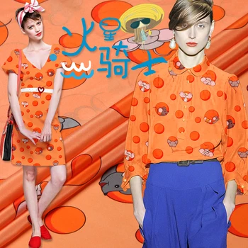 

CISULI 100% Silk Crepe De Chine 12 momme 135cm Width 100% Silk Dress Fabrics New Desigual 2020 Orange Printed Cloth