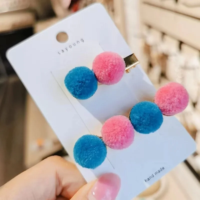 

M MISM 2019 Winter New Children Pompom Hair Clips Set Cute Colorful Fur Ball BB Hairpins Girls Hair Accessories Headwear
