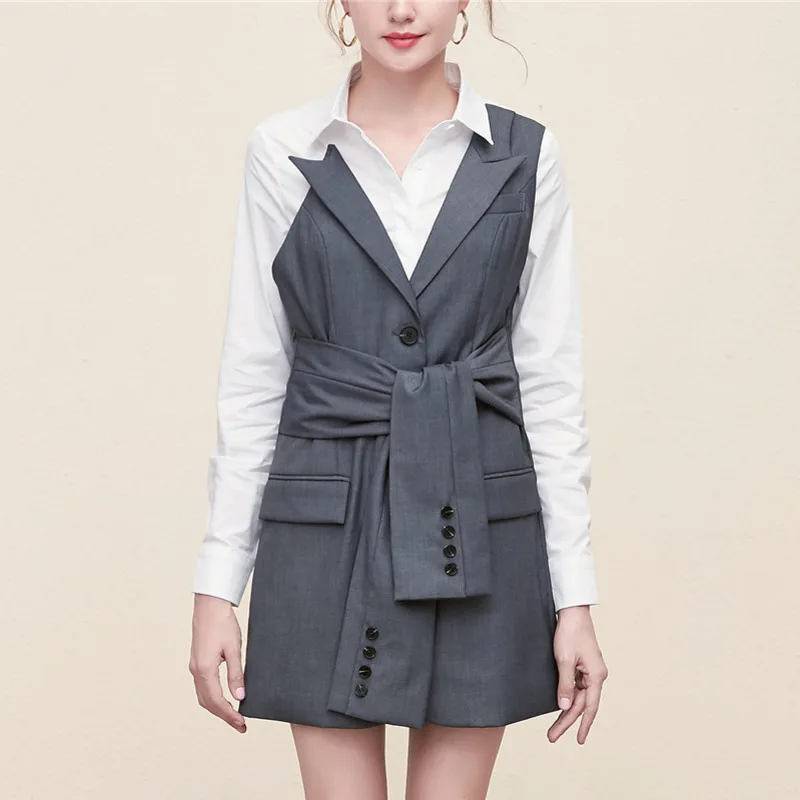 [EWQ] Свободная Повседневная хлопковая рубашка с длинным рукавом имитация двух