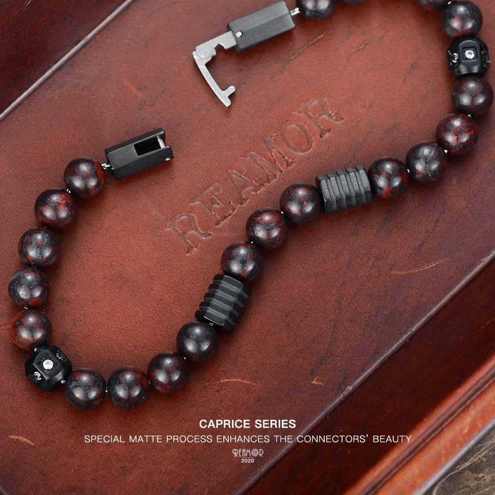 REAMOR Unisex Blood Red Natural Stone Bracelets Detachable Black Matte CNC Stainless Steel Wire Rope Bracelet DIY Jewerly