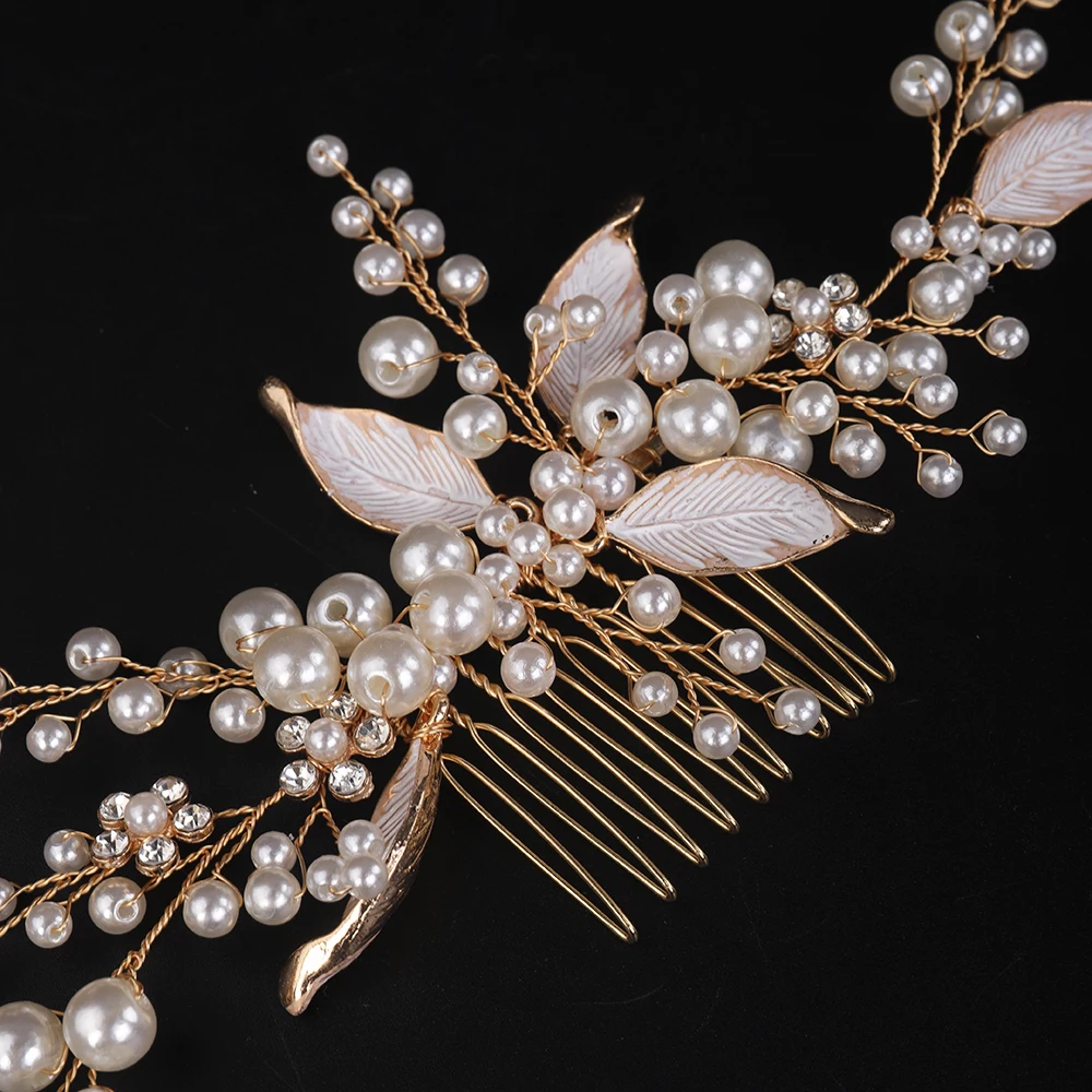 Gold Bride Headdress Elegant Women Hair Jewelry for Party Tiaras Banquet Leaves Pearls Wedding Hair Comb Accessories