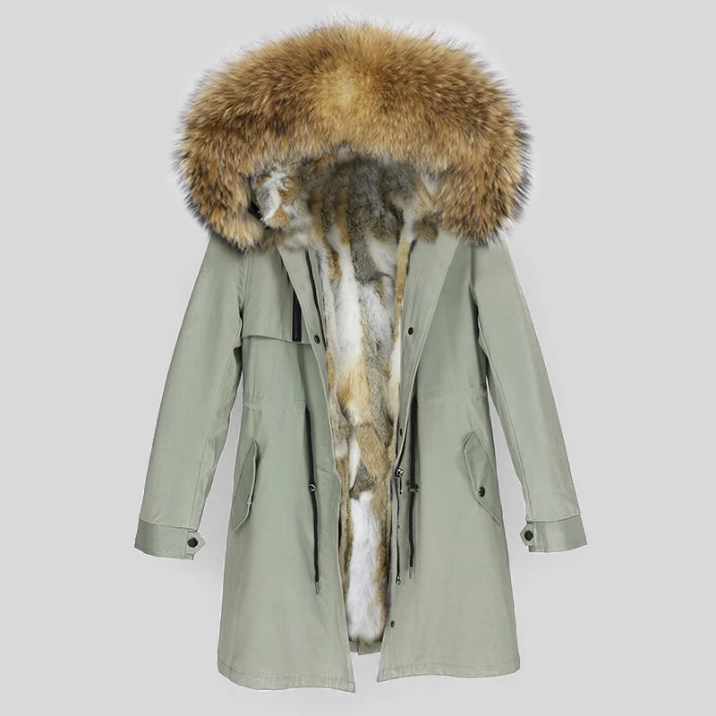 light green natural OFTBUY новая парка зимняя куртка женская шуба из натурального меха енота меховой капюшон, воротник из натурального кроличьего лайнера теплая тонкая верхняя одежда - Цвет: light green natural