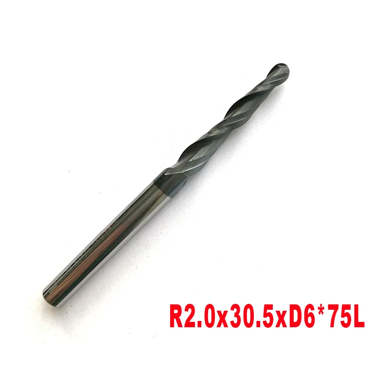 

2 предмета в комплекте R2 * D6 * 30,5 * 75L * 2F HRC55 Вольфрам карбида вольфрама с покрытием Алюминий с конусообразным окончанием, конус, фреза ЧПУ древесины маршрутизатор бит инструменты