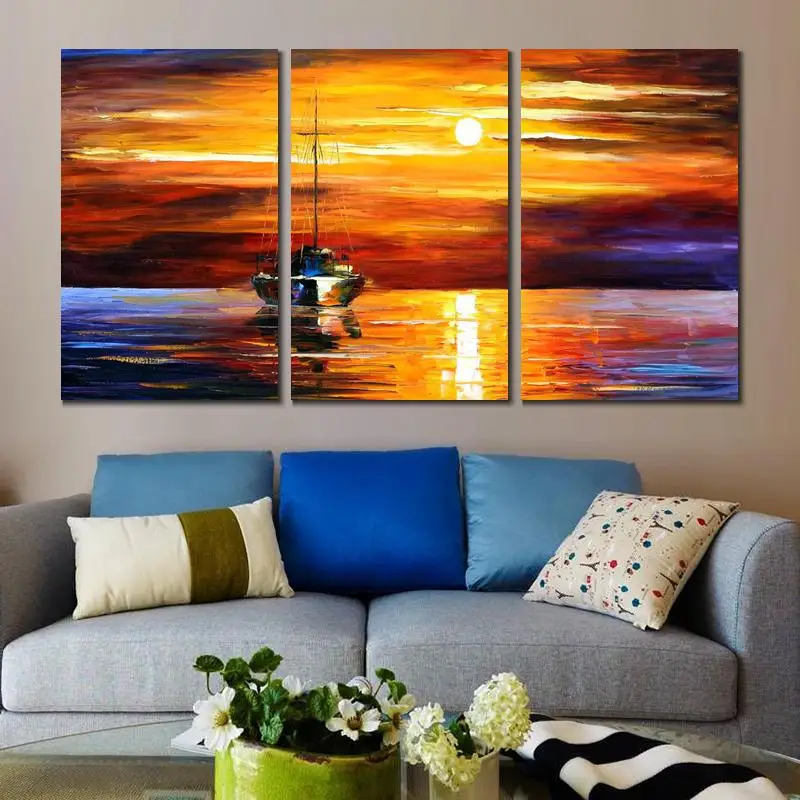 

Handmade Oil Painting Sunset Seascape 3 Piece Canvas Art For Living Room Contemporary Artwork Abstract Landscape 36X72INCH Large