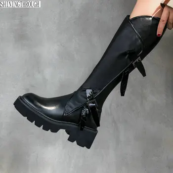 

Genuine leather thick high heels platform knee boots woman buckle women boots autumn winter fashion motorcycle shoes size 41 42