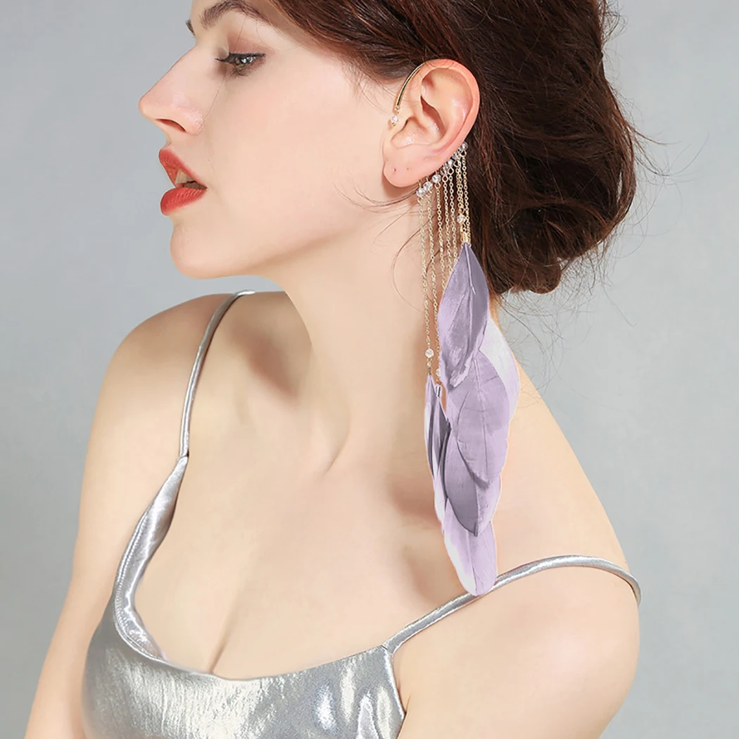 1 Pair Drop Earrings Women Non-Pierced Fake Feather Tassel Ear Clip Pendant Earrings No Ear Hole Earrings Fashion Jewelry