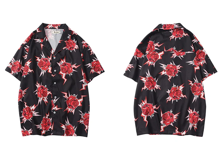Hip Hop Shirt Streetwear Mens Hawaiian Shirt Red Rose Harajuku Floral Spring Summer Beach Shirt Hawaii Thin Short Sleeve