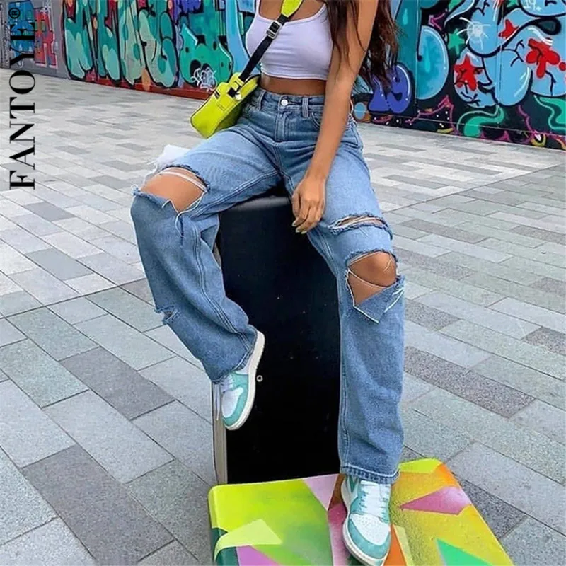 FANTOYE Casual Ripped Hole Jeans Pants High Waist Women Harem Korean Streetwear Denim Pants 2020 Fashion Harajuku Jogger Summer FANTOYE Casual Ripped Hole Jeans Pants High Waist Women Harem Korean Streetwear Denim Pants 2020 Fashion Harajuku Jogger Summer