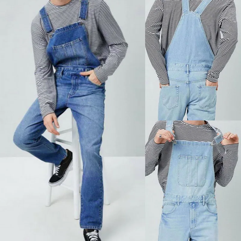 

High Street Pockets Jeans Men Fashion Denim Strap Suspender Distressed Jumpsuit Jeans Feminino Overalls Dungarees Playsuit Pant