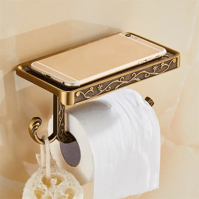 

Antique Carved Zinc Alloy Wall Mounted Toilet Roll Tissue Holder Stand Mobile Phone Holder with Shelf Bathroom Towel Rack