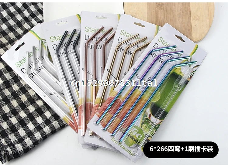 10sets Color Stainless Steel Straw Set Mirror Polished Sucker Beverages Curved Straw Drinks 4 Straw and 1 brush