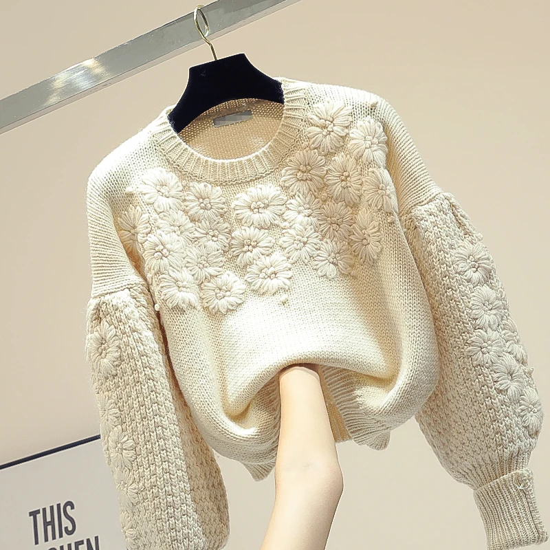 Свитер с высоким воротом Женская Осенняя/зимняя одежда новая Корейская свободная короткая трикотажная рубашка свитер с рукавами-фонариками пуловер
