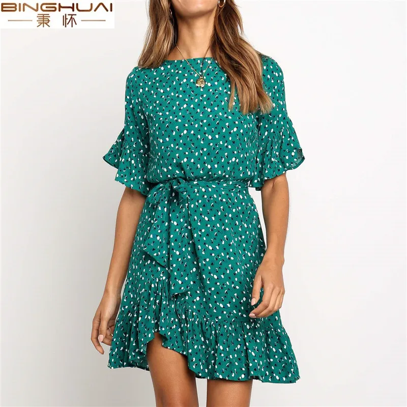 

Floral Print Summer Dress Women Boho Ruffles Beach Dress O-neck Short Sleeve Mini Dress Ladies Sundresses Robe Femme