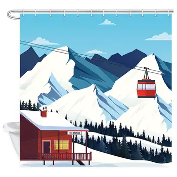 

Winter Skiing Shower Curtain, Modern Ski Station Snow Mountain Pine Tree Forest Holiday Bath Curtains, Premium Fabric Bathroom