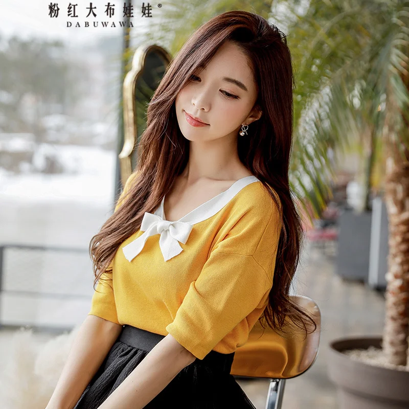 

Dabuwawa New Autumn Women's Elegant Bow Lace-up V-neck Knitted-wear Half Sleeves Slim Tops D18AJS006