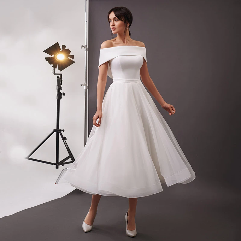 Charming Boat Neck A line Tea Length Wedding Gowns 2021 High Quality